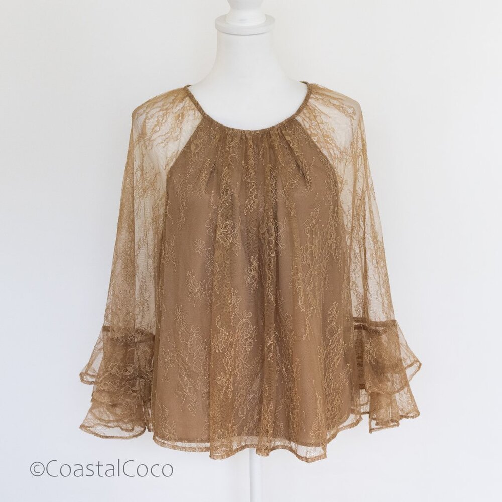 Loft Flounced Lace Blouse Size L Mocha Tan Sheer Ruffle Glam Date Night Flowy